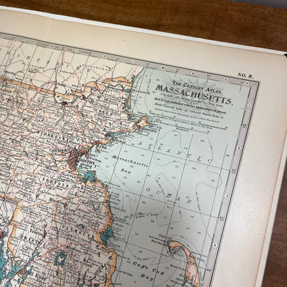 Antique 1897 The Century Atlas Map of Massachusetts USA Color Engraved 12.5 x 17 FL5