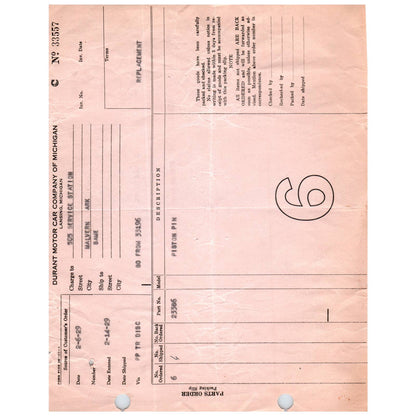 1929 2/16 Durant Motor Car Company Lansing MI Invoice Billhead Auto Parts AC9