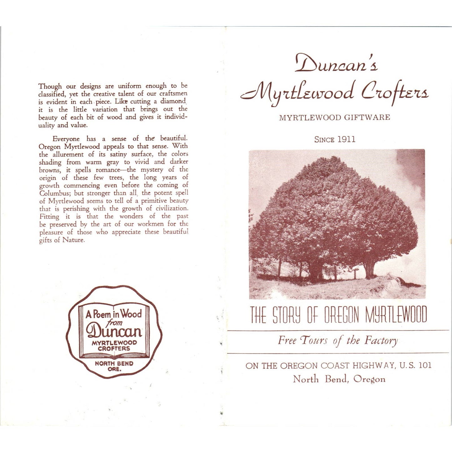 Vintage Duncan's Myrtlewood Crofters Gifts North Bend Oregon Travel Brochure AD7