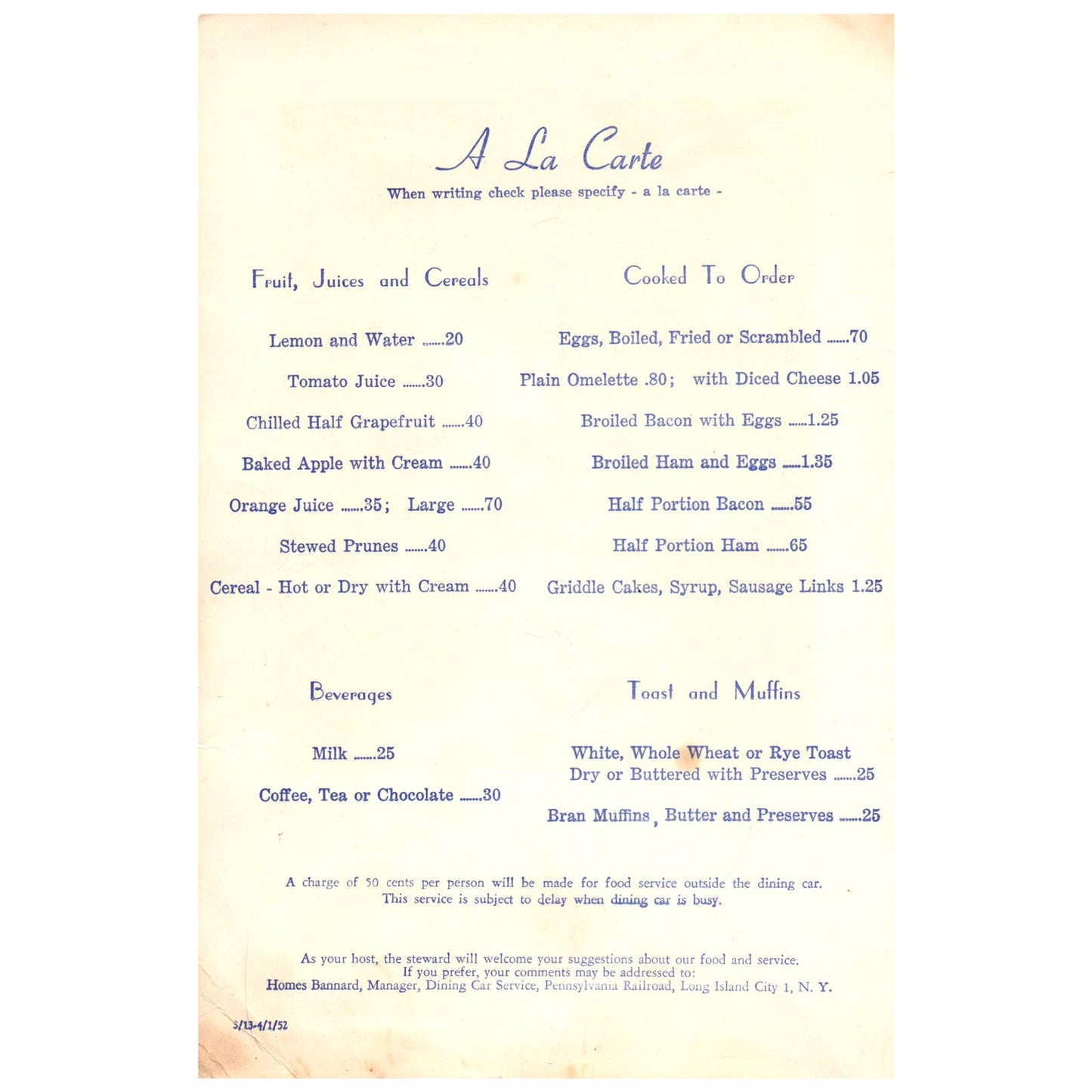 1952 Pennsylvania Railroad A La Carte & Club Breakfast Menu AD8