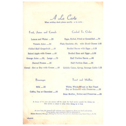 1952 Pennsylvania Railroad A La Carte & Club Breakfast Menu AD8