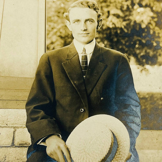 Early 1900s RPPC Portrait Man in Suit With Straw Hat PA9