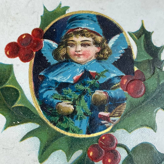 c1910 Embossed Cherub Holly Tree Holly Victorian Merry Christmas Postcard PA2
