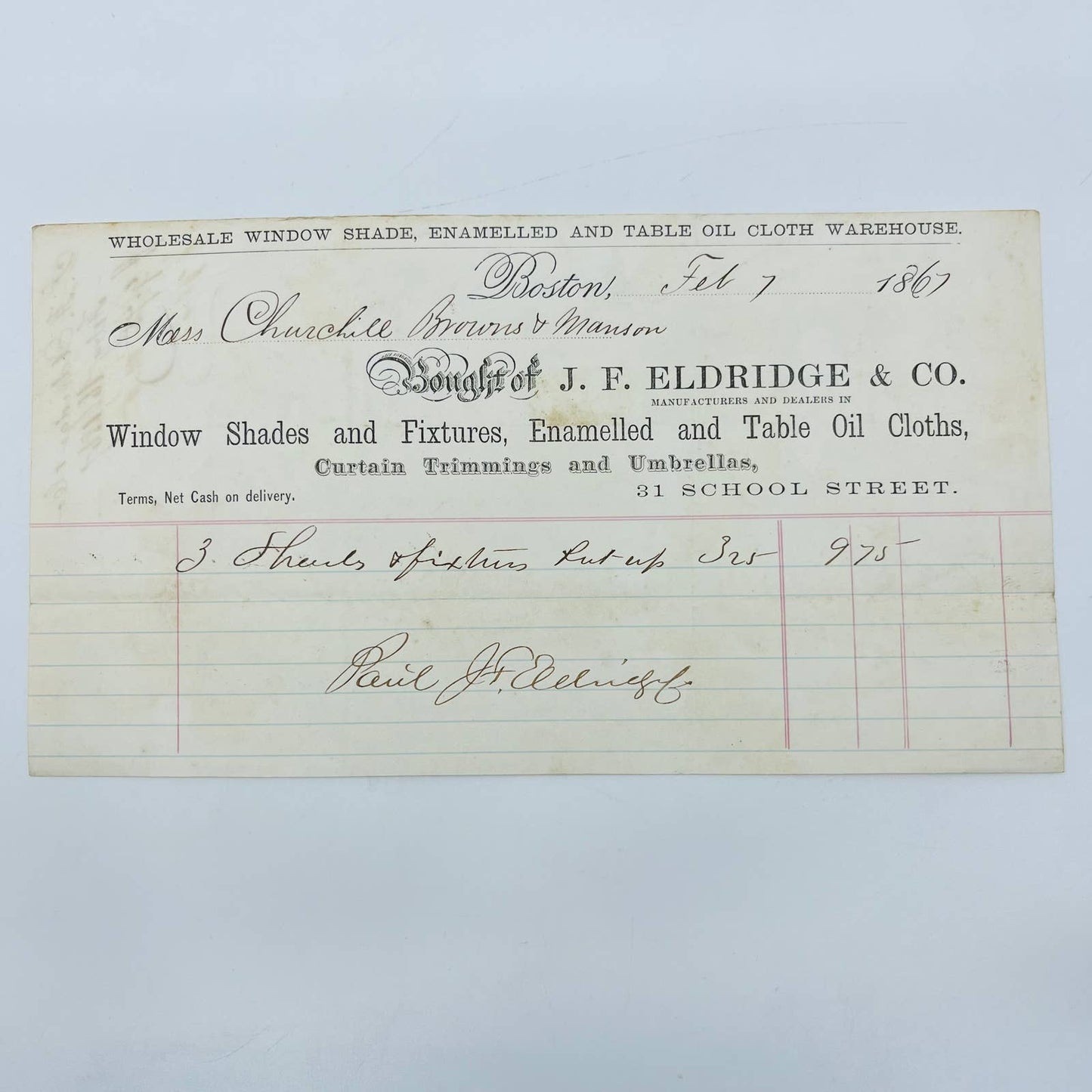 1867 JF Eldridge Churchill Browns & Manson Boston Mass. Letterhead Billhead AA5