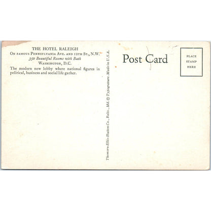 Hotel Raleigh Lobby Washington D.C. Original Postcard TK1-P2