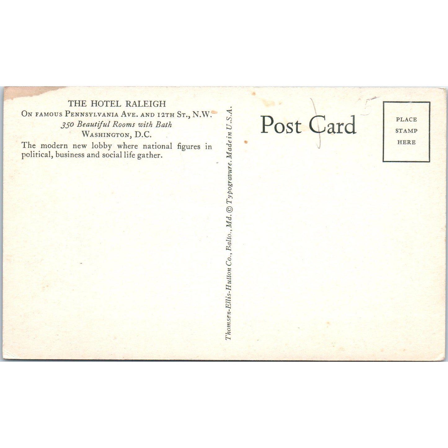 Hotel Raleigh Lobby Washington D.C. Original Postcard P1-16