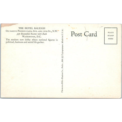 Hotel Raleigh Lobby Washington D.C. Original Postcard P1-16