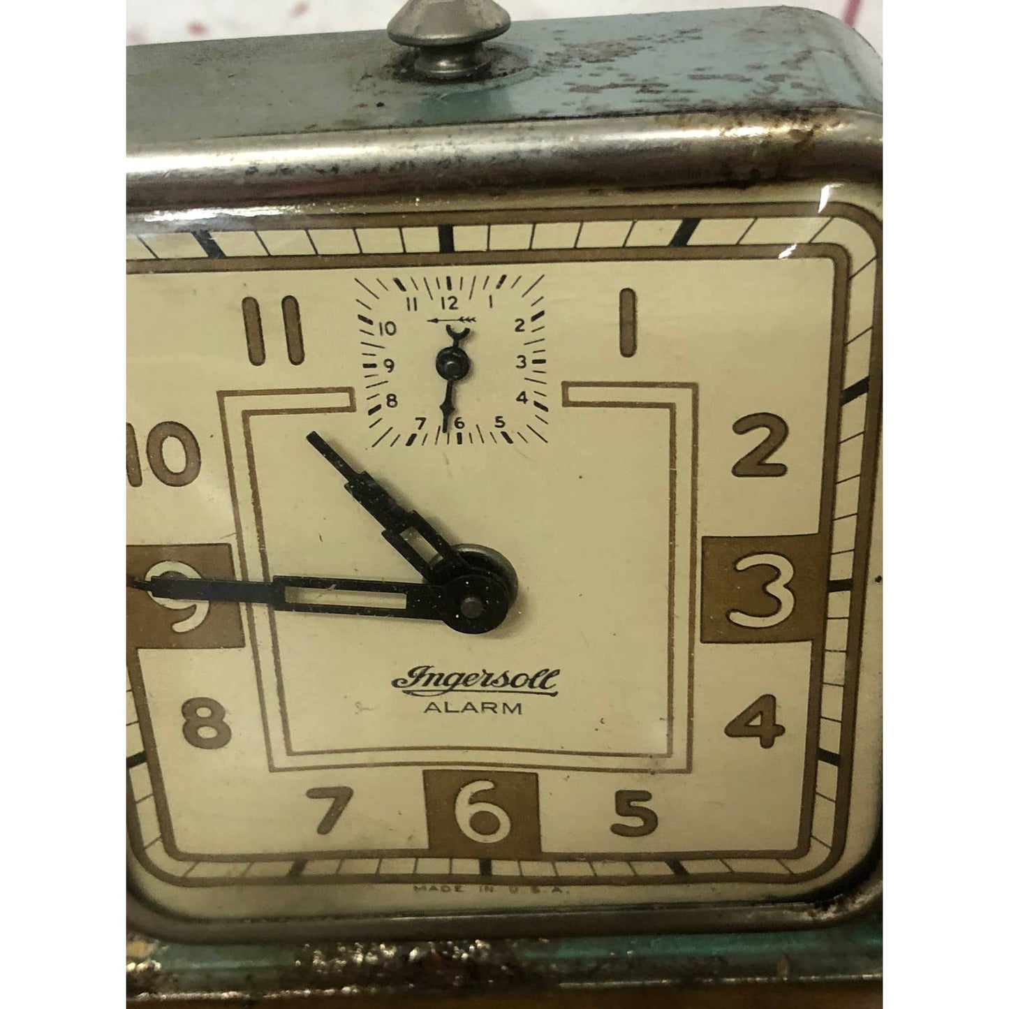 Antique 1931 Ingersoll Teal Square Wind Up Alarm Clock USA