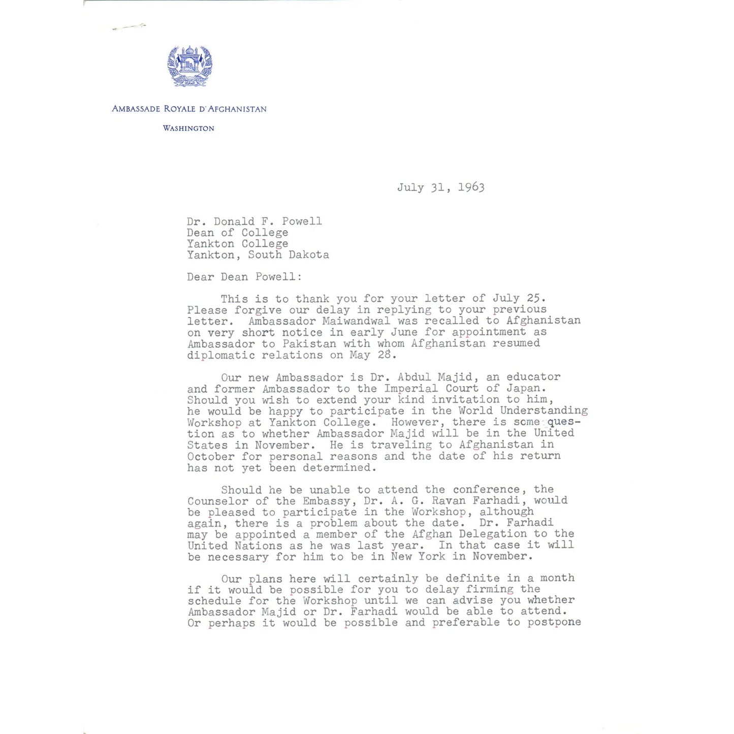 Afghanistan Ambassador Official Letterhead Memo July 1963 B13