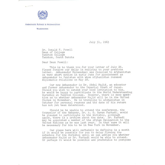 Afghanistan Ambassador Official Letterhead Memo July 1963 B13