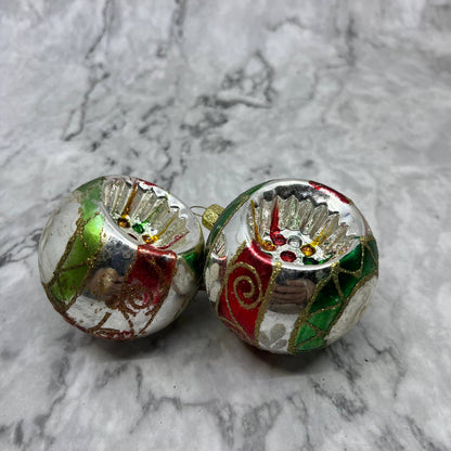 Lot of 2 Vintage Recessed Mica Stencil Blown Mercury Glass Ornaments OT2