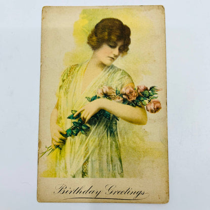 1910s Birthday Post Card Victorian Lady Holding Pink Long Stem Roses PA5