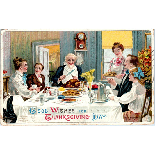 Thanksgiving Family at Dinner Table 1908 Original Postcard TK1-22