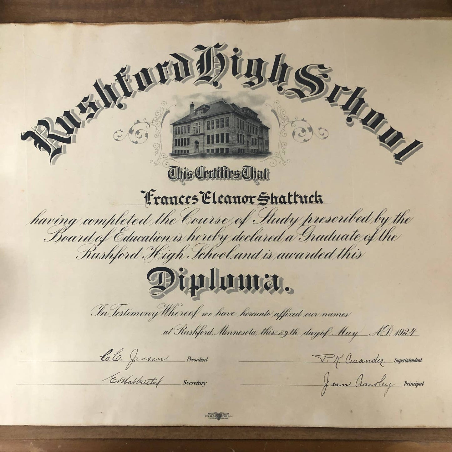 1924 Rushford High School Diploma Francis Eleanor Shattuck Austin Minnesota RU1