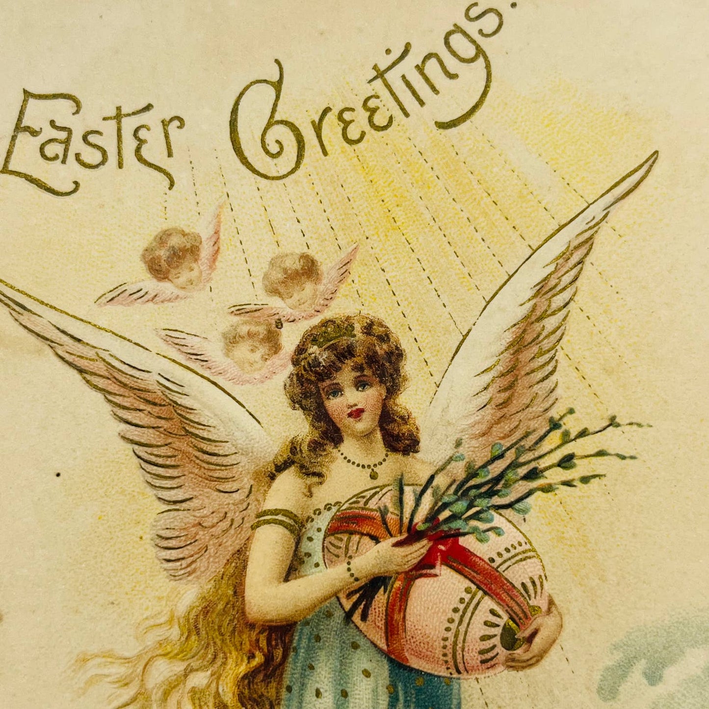 1910s Easter Post Card Embossed Angel Holding Egg Lamb Dresden Bells PA5