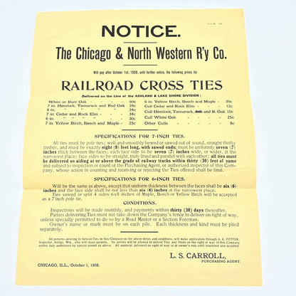 1908 CHICAGO and NORTHWESTERN RAILWAY Railroad Cross Ties Notice AB8