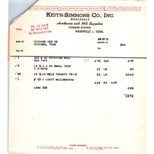 1951 Keith-Simmons Co Inc Billhead Receipt Hardware & Mill Nashville TN AD5-1