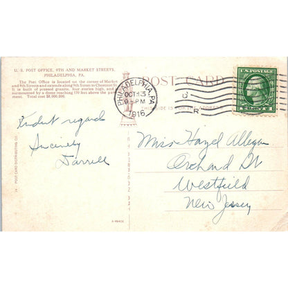 1916 Postcard US Post Office 9th & Market Streets Philadelphia PA TD9-P1