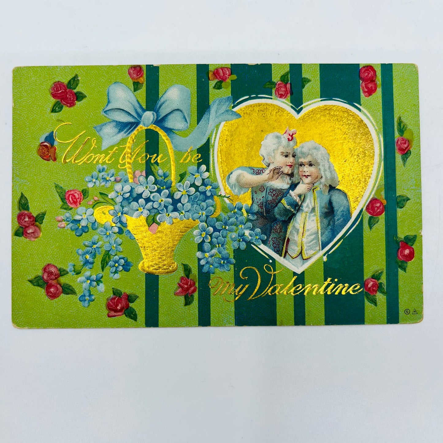 1910 Valentine’s Post Card Embossed Colonial Roses Blue Flowers Dresden Nash PA3