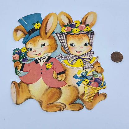1960s Vintage Dennison Easter Bunny Couple 7" Die Cut Bunnies Egg Basket FL3
