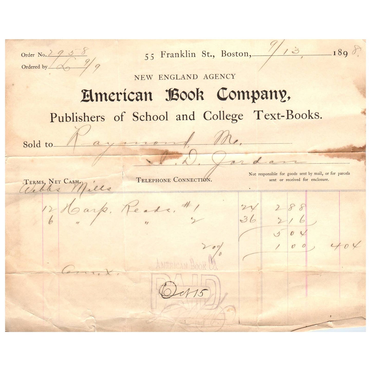 1898 American Book Company School & College Text Books Letterhead Boston MA AD8