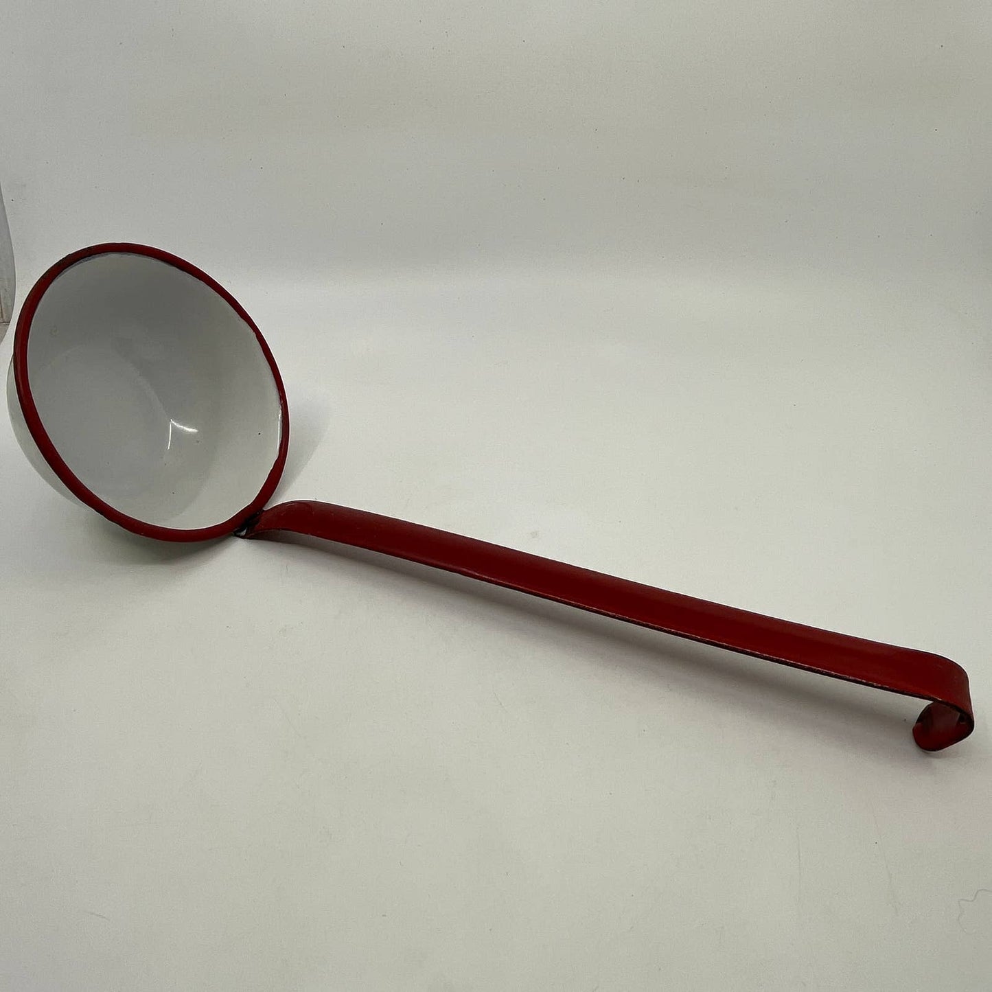 Vintage Enamelware Dipper Ladle White with Red Trim ~12” TH2
