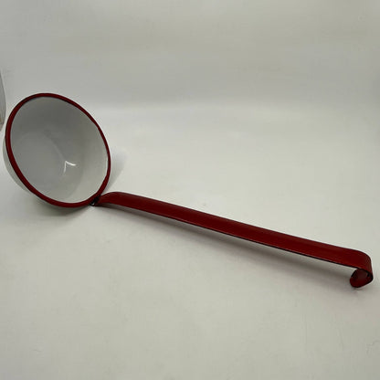 Vintage Enamelware Dipper Ladle White with Red Trim ~12” TH2