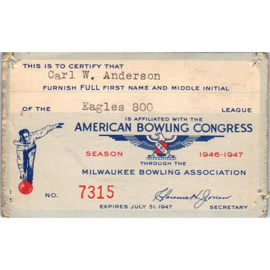 1946 American Bowling Congress Milwaukee Membership Card Eagles 800 SE5-3