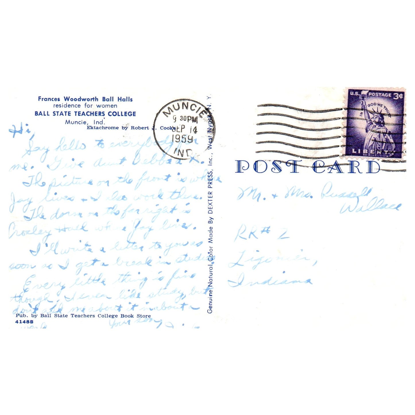 Vtg Postcard Francis Woodward Hall Ball State Teachers College Muncie 1959 P4-6