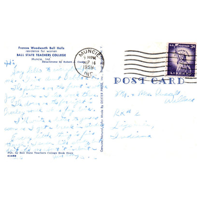 Vtg Postcard Francis Woodward Hall Ball State Teachers College Muncie 1959 P4-6