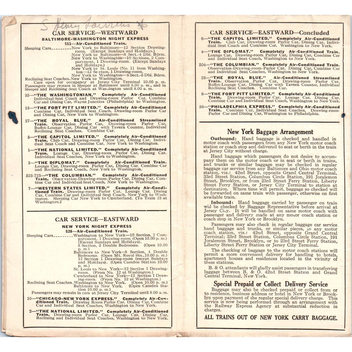 1936 B&O RR NY Newark Philadelphia Wilmington Baltimore Washington Timetable SE8