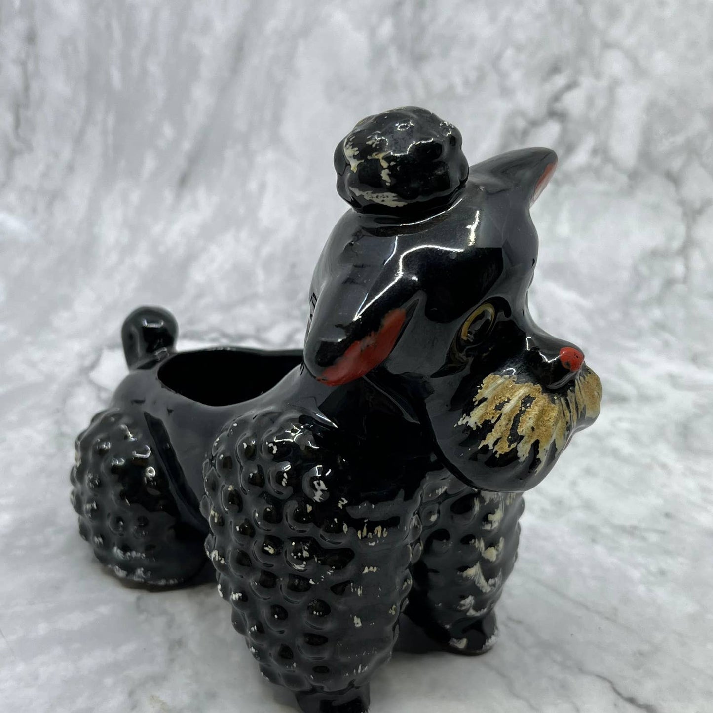 1950s Black Poodle Dog Planter Ceramic Redware Black And White 6x6.5 TJ1
