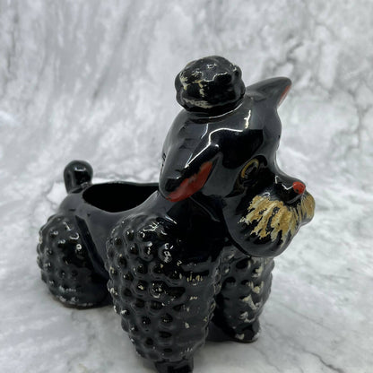 1950s Black Poodle Dog Planter Ceramic Redware Black And White 6x6.5 TJ1