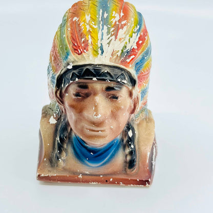 VTG CHALKWARE NATIVE AMERICAN INDIAN CHIEF BUST 5” STATUE FIGURINE HEAD TB5