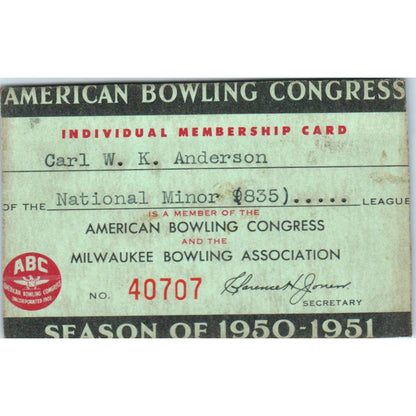 1950 American Bowling Congress Milwaukee Membership Card National Minor SE5-35