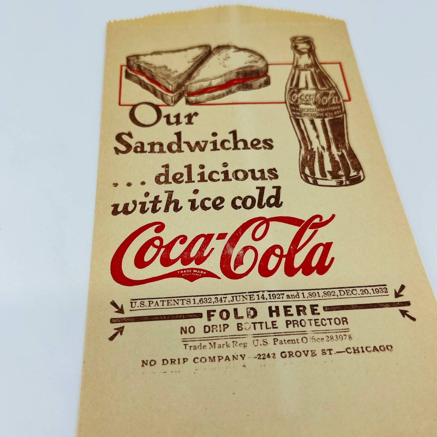 1932 Coca-Cola, "Un-Used" No-Drip Protector Bottle Bag Grove St. Chicago C3