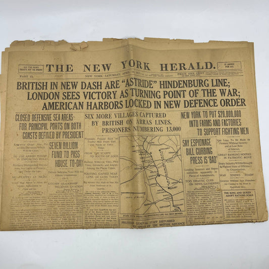 1917 WWI New York Herald Newspaper Apr 14th British Astride Hindenburg Line FL4