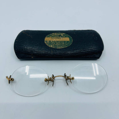 Antique Armless Nose Clip 12K Hold Filled GF Eyeglasses Oval Lens w/ Case