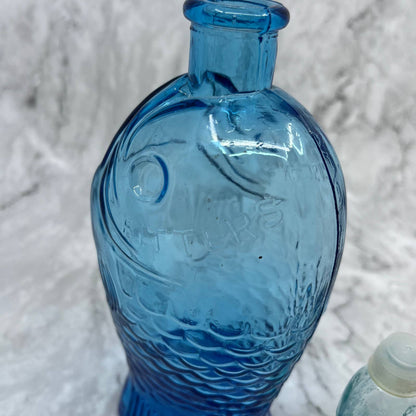 Dr Fisch's Bitters Aqua Large & Small Blue Bottle Decanter 7.5” & 3” Taiwan TD1