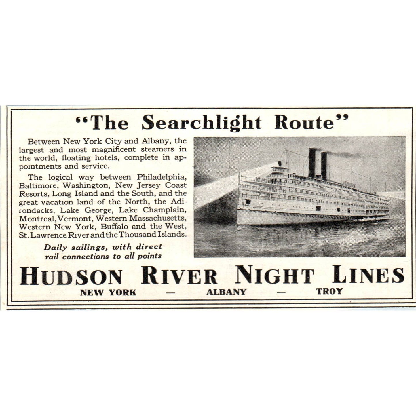 c1920 Harper's Ad - Hudson River Night Lines Steamer Searchlight Route TF6-1