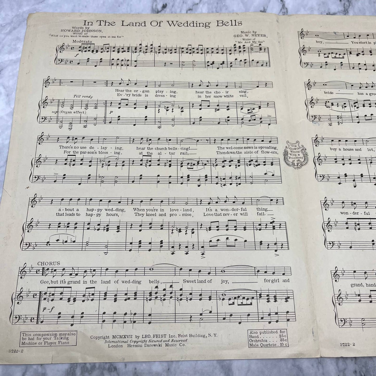 In The Land Of Wedding Bells Sheet Music 1917 Johnson Meyer Dickinson Deagon TH5