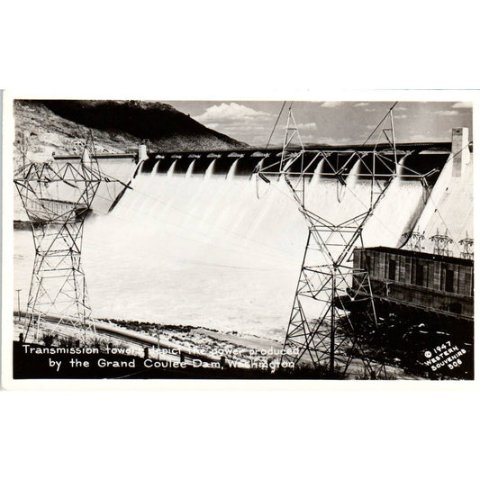 Vintage Postcard Transmission Tower Grand Coulee Dam Washington TD9-W2