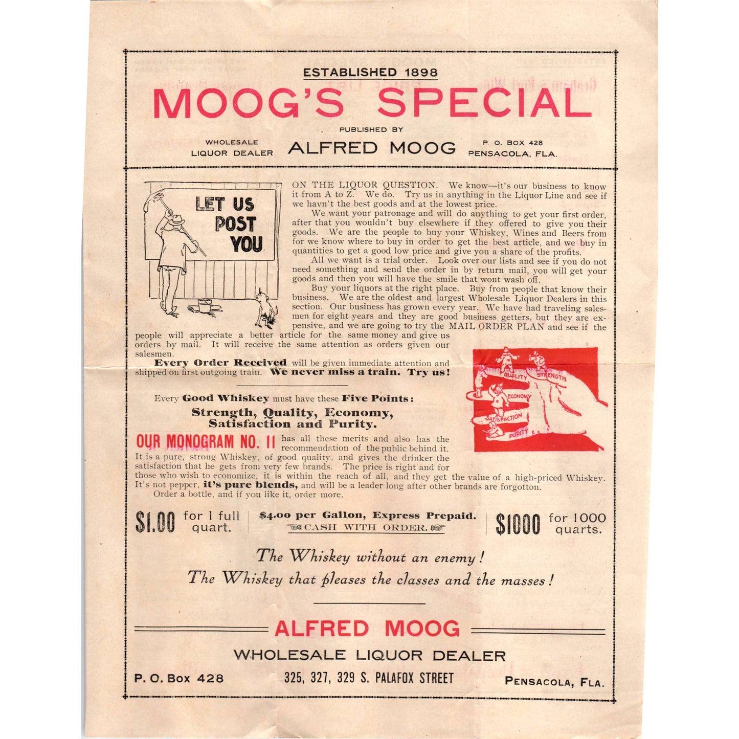 c1900 Alfred Moog's Special Mail Order Liquor Catalog Leaflet Pensacola FL AD6