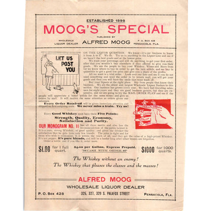 c1900 Alfred Moog's Special Mail Order Liquor Catalog Leaflet Pensacola FL AD6