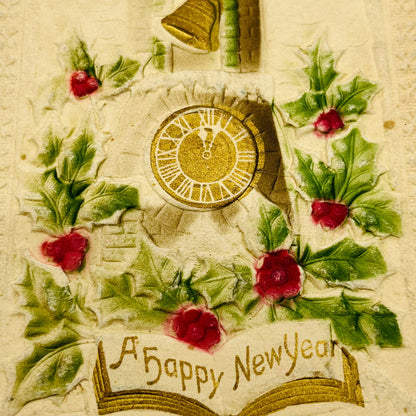 1910s Christmas New Year’s Post Card Heavy Embossed Air Brushed Clock Bell PA3