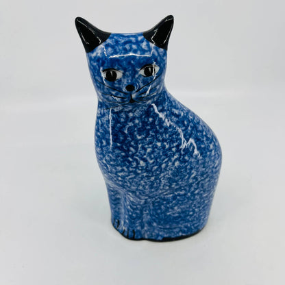 Vtg Calico China Blue Sponge Ware Design Sitting Cat Figurine Folk Art 11” TC2