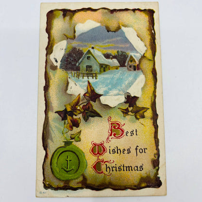 1910s Christmas Post Card Cottage Navy Anchor Snowy Embossed Gilt PA4