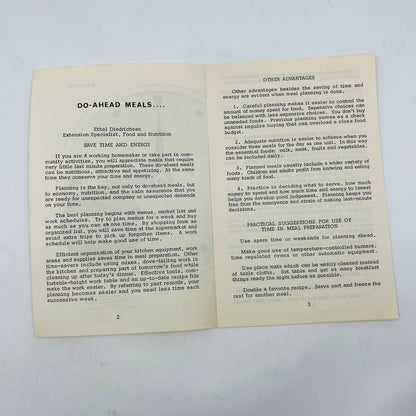 1930s DO-AHEAD MEALS Recipe Cooking Booklet University of Nebraska C11