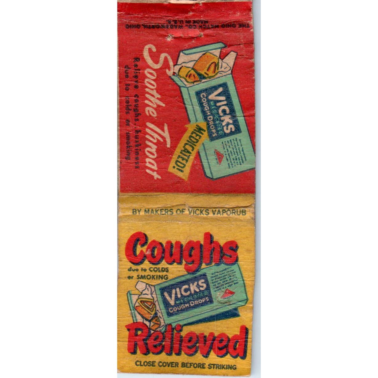 Vintage Matchbook Cover Vicks Cough Drops Sore Throat Relief SE5-3