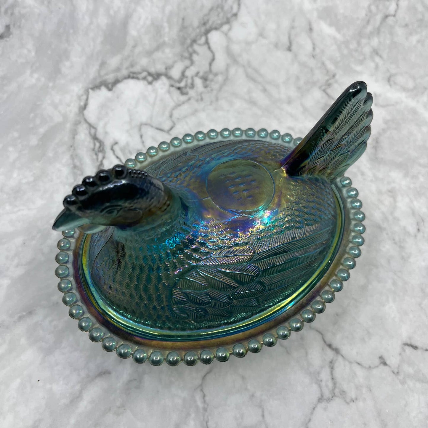 Vtg Nesting Hen Blue Carnival Glass Indiana Hen on Nest Candy Dish ~7x5" TI6